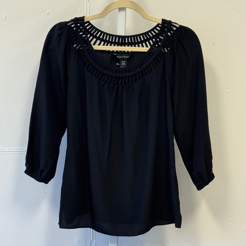 White House Black Market Silk Blouse Black Lattice Cutout Neck XXS Casual Career